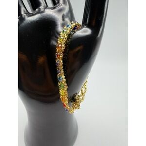 Handmade Gold Rainbow Beaded Bracelet Multicolor Crystal Seed Bead 8.25 Inch